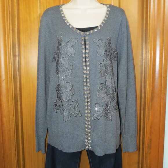 NWT Lauren Michelle Grey Cardigan Sweater Embroidered Bling Wool Blend XL - Picture 8 of 11